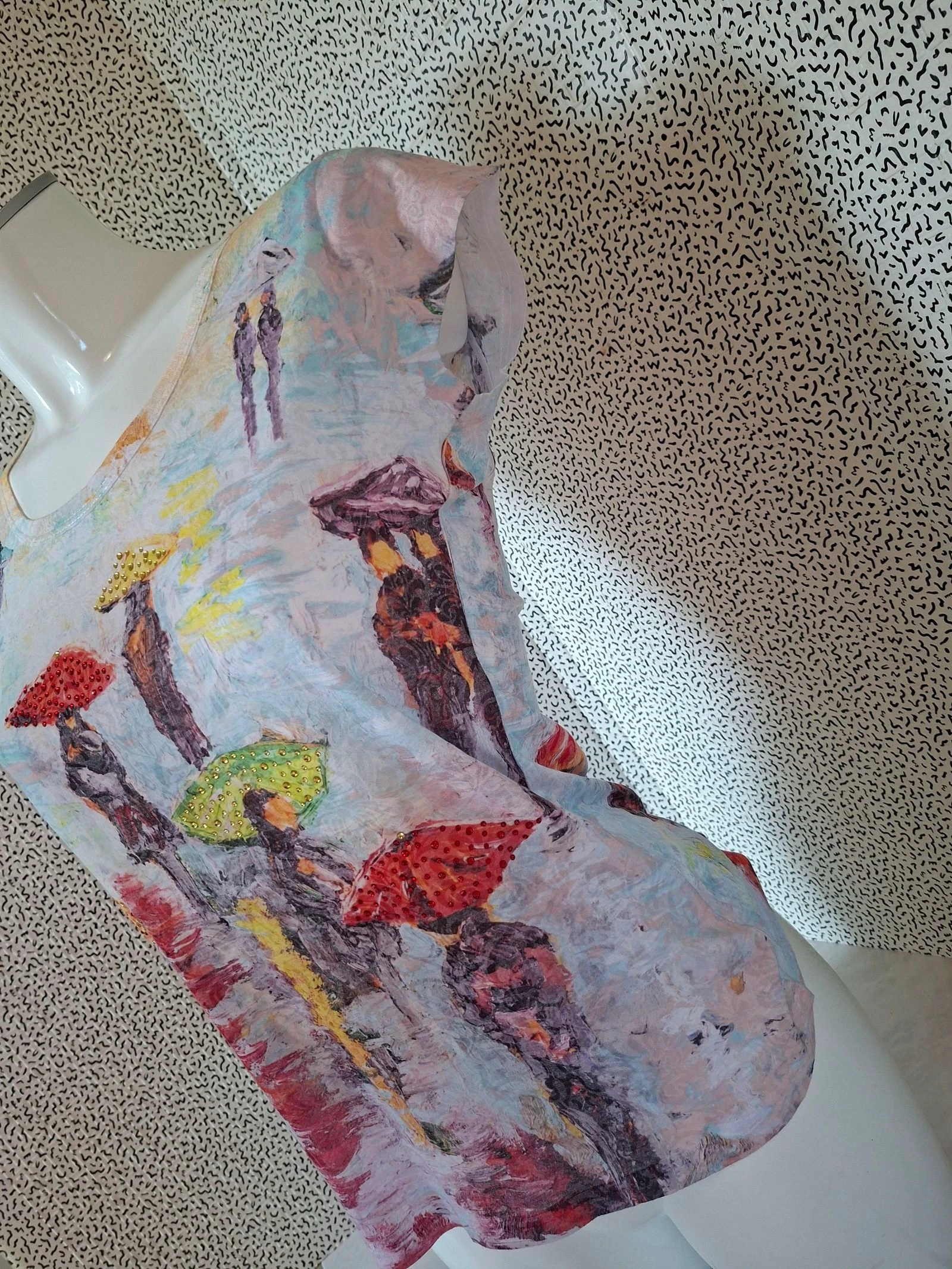 T-shirt femme Ky Création M imprimé artistique dentelle strass multicolore original – photo 2